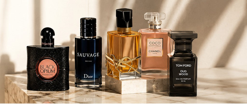 Luxury perfume collection displayed on marble